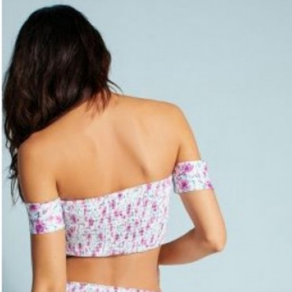 Anthropologie Bikini Swimsuit Top Off The Shoulder Top Size L Pink Flowers - Picture 3 of 16